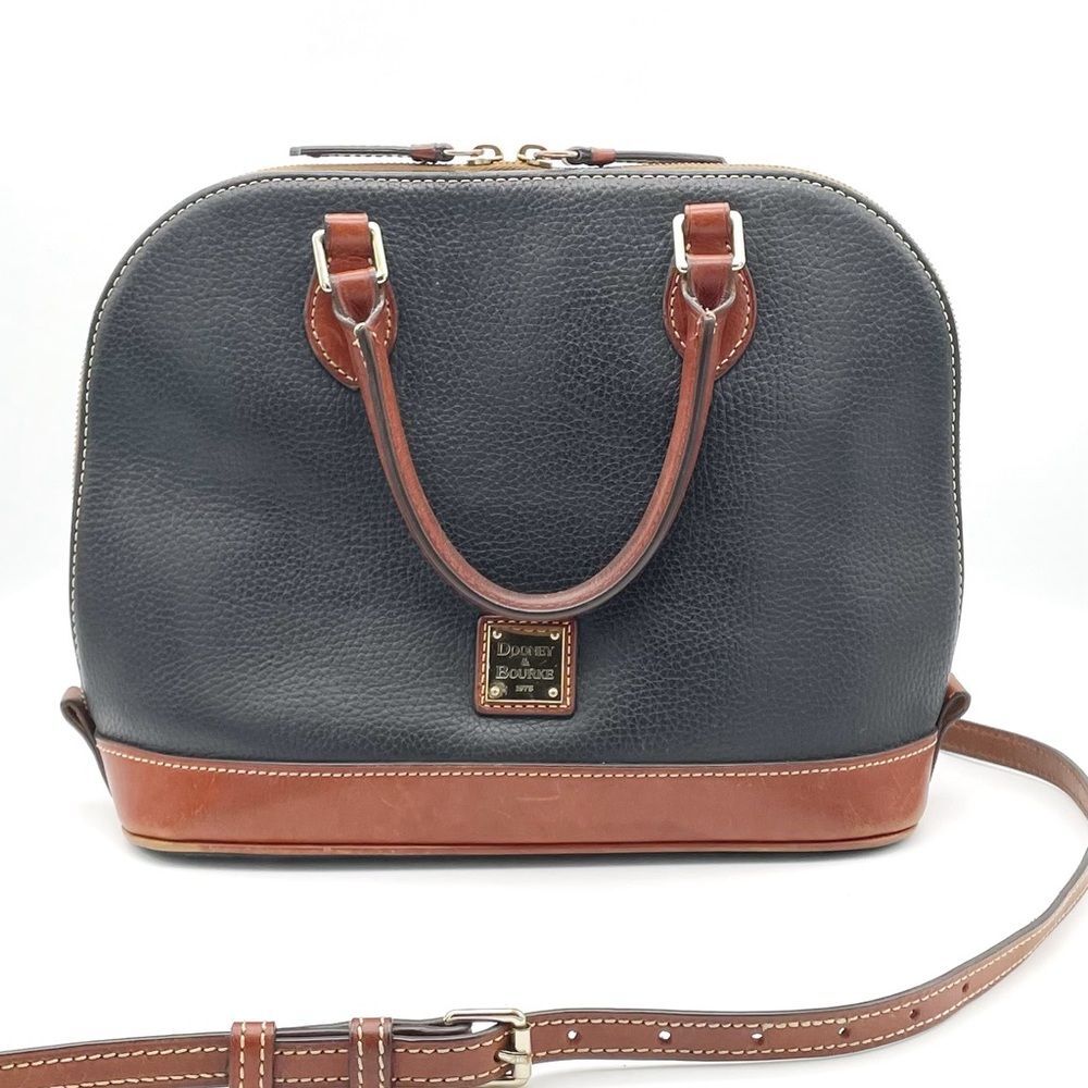 Dooney & Bourke Pebble Grain Zip Around Satchel Black & Cognac Brown Leather Bag - Picture 9 of 16